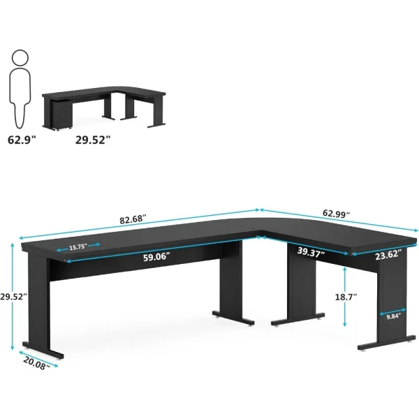 83" L-Shaped Executive Desk, Large Office Desk with 3-Drawer Mobile File Cabinet, Industrial Computer Desk with Storage Drawers - Image 2