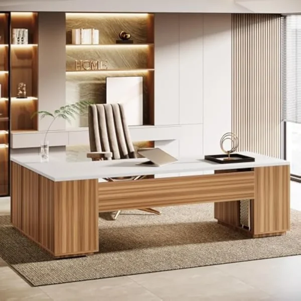 85.8" L-Shaped Executive Desk, Extra Large Office Desk with File Drawers, Modern Business Furniture, Office Desks - Image 7