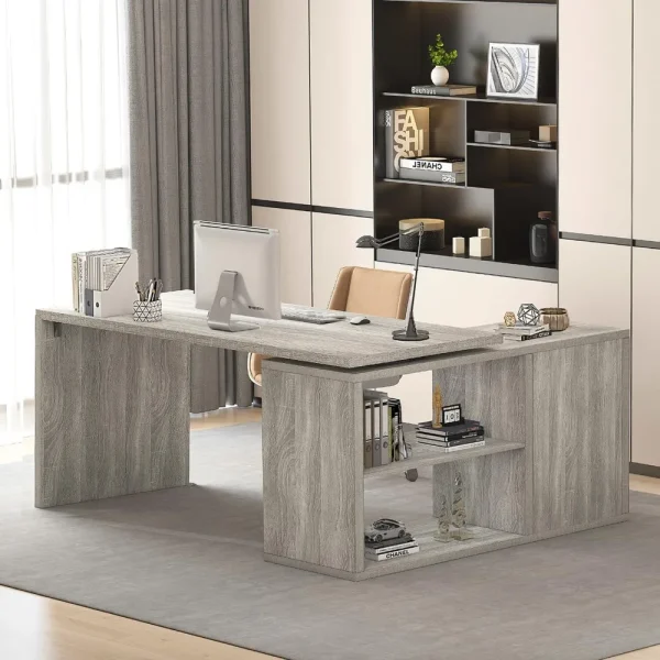 L Shaped Corner Desk with Storage Shelves, Reversible L Shape Computer Desk with Storage Cabinet, Adjustable Corner Home Office