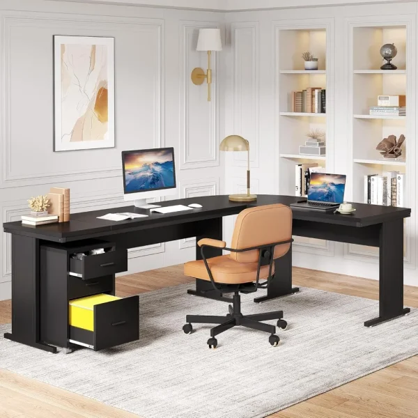 83" L-Shaped Executive Desk, Large Office Desk with 3-Drawer Mobile File Cabinet, Industrial Computer Desk with Storage Drawers - Image 4