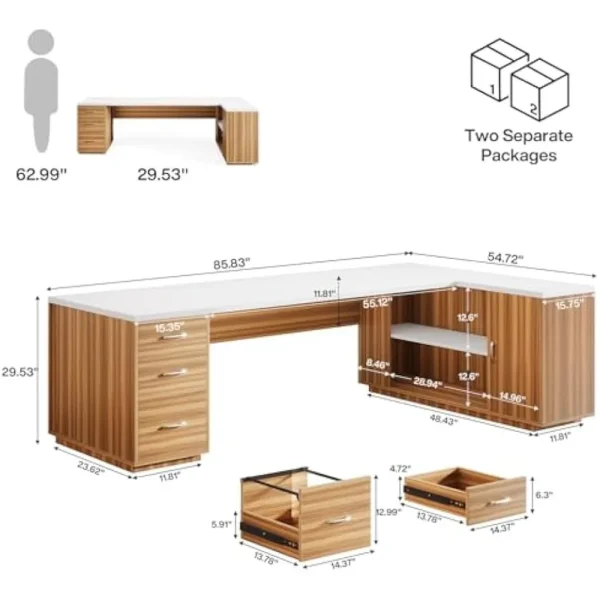 85.8" L-Shaped Executive Desk, Extra Large Office Desk with File Drawers, Modern Business Furniture, Office Desks - Image 2