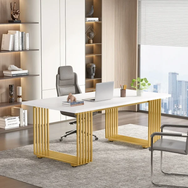 Tribesigns 70.9" Modern Office Desk, Wooden Computer Desk, White Executive Desk with Gold Metal Legs, Small Conference Table - Image 6