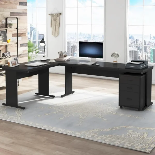 83" L-Shaped Executive Desk, Large Office Desk with 3-Drawer Mobile File Cabinet, Industrial Computer Desk with Storage Drawers - Image 3