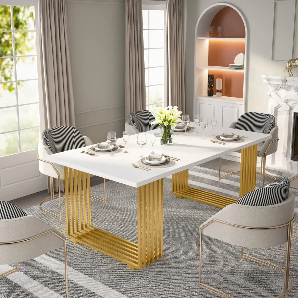 Tribesigns 70.9" Modern Office Desk, Wooden Computer Desk, White Executive Desk with Gold Metal Legs, Small Conference Table - Image 3
