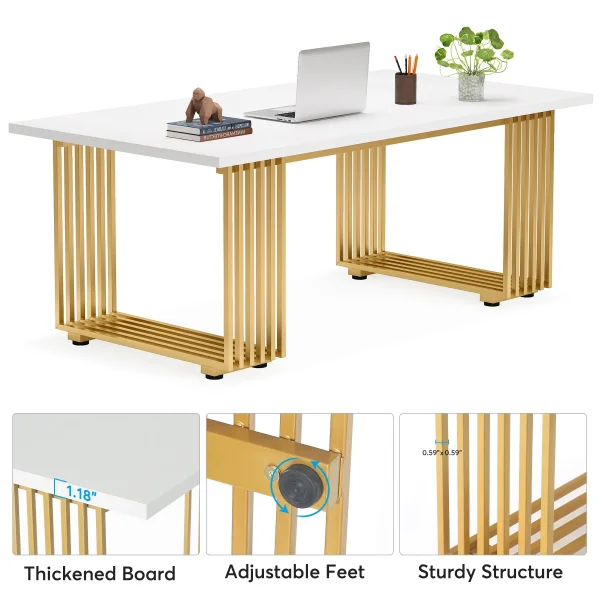 Tribesigns 70.9" Modern Office Desk, Wooden Computer Desk, White Executive Desk with Gold Metal Legs, Small Conference Table - Image 4