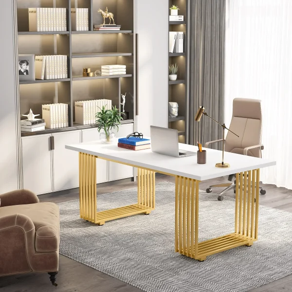 Tribesigns 70.9" Modern Office Desk, Wooden Computer Desk, White Executive Desk with Gold Metal Legs, Small Conference Table