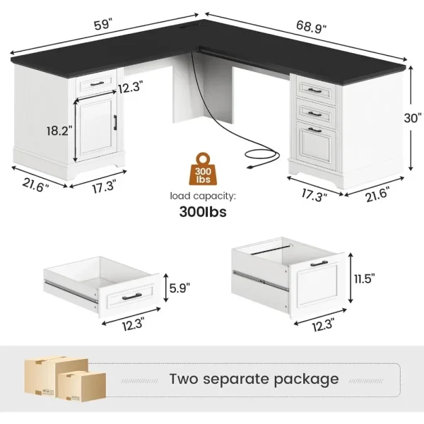 Farmhouse 69" Executive L Shaped Desk, Home Office Desk with Drawers and Storage Cabinet & Power Outlet, Corner Computer Desk - Image 2