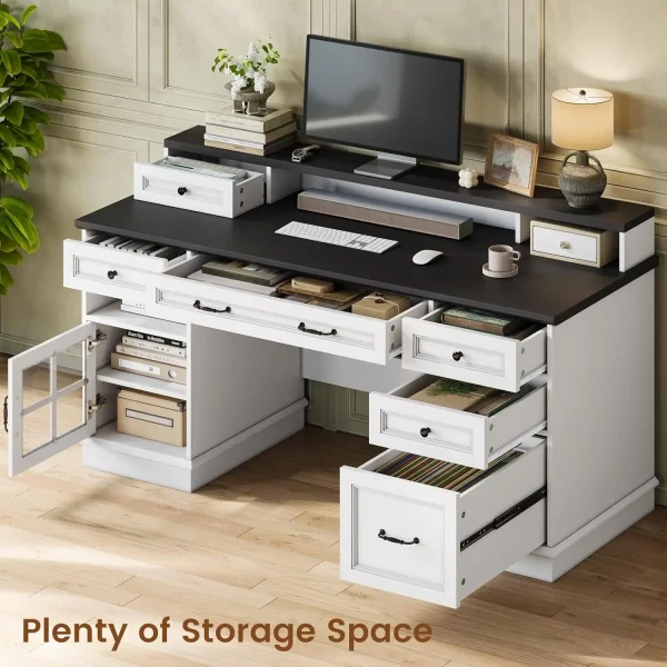 Farmhouse Executive Desk with Drawers Computer Desk with File Drawers, Power Outlet and Led Lights, Executive Office Desk - Image 5