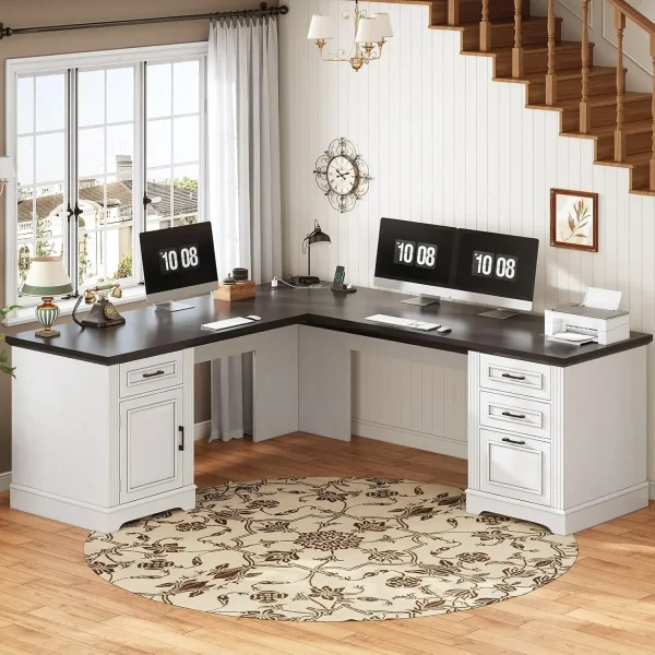 Farmhouse 69" Executive L Shaped Desk, Home Office Desk with Drawers and Storage Cabinet & Power Outlet, Corner Computer Desk - Image 7