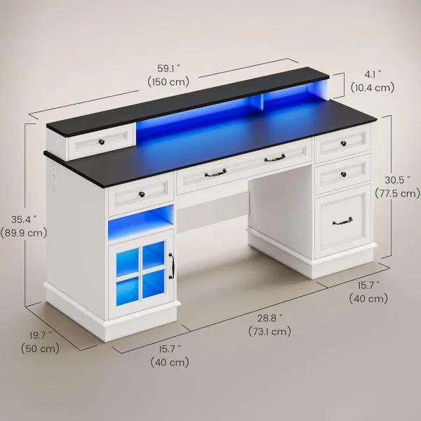 Farmhouse Executive Desk with Drawers Computer Desk with File Drawers, Power Outlet and Led Lights, Executive Office Desk - Image 2