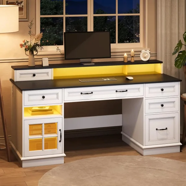 Farmhouse Executive Desk with Drawers Computer Desk with File Drawers, Power Outlet and Led Lights, Executive Office Desk - Image 4