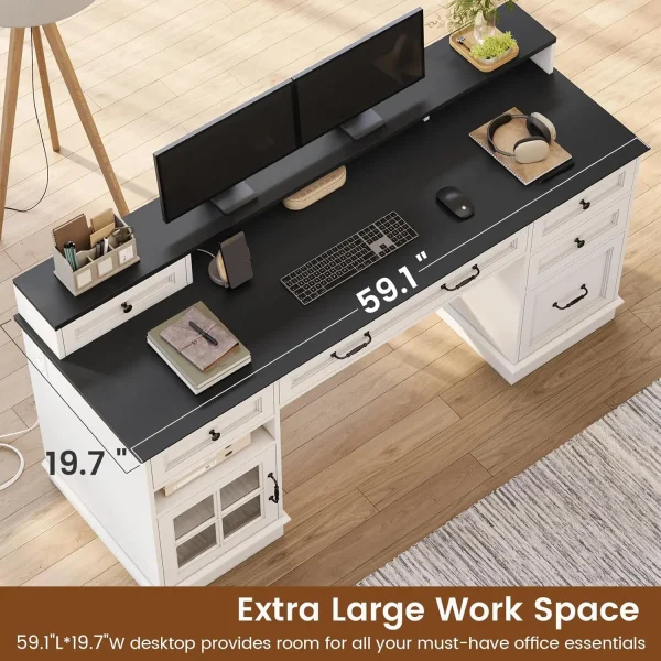Farmhouse Executive Desk with Drawers Computer Desk with File Drawers, Power Outlet and Led Lights, Executive Office Desk - Image 3