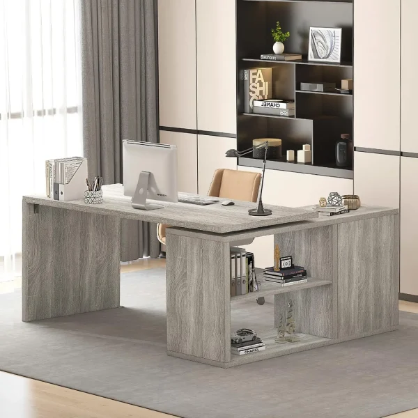 L Shaped Corner Desk with Storage Shelves, Reversible L Shape Computer Desk with Storage Cabinet, Adjustable Corner Home Office - Image 7