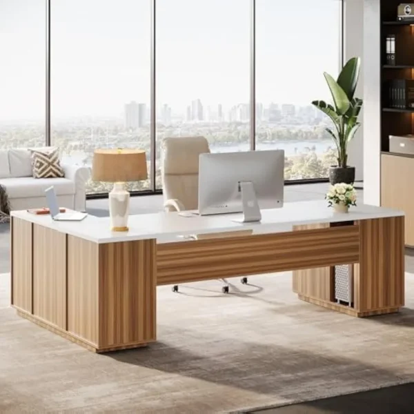 85.8" L-Shaped Executive Desk, Extra Large Office Desk with File Drawers, Modern Business Furniture, Office Desks - Image 4