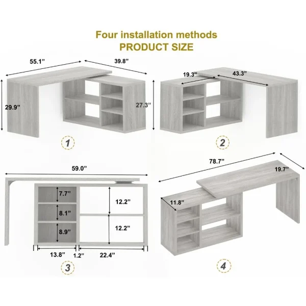 L Shaped Corner Desk with Storage Shelves, Reversible L Shape Computer Desk with Storage Cabinet, Adjustable Corner Home Office - Image 2