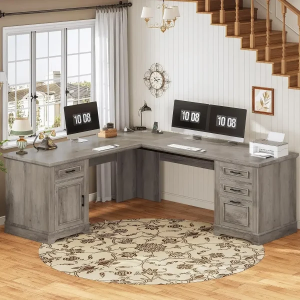 Farmhouse 69" Executive L Shaped Desk, Home Office Desk with Drawers and Storage Cabinet & Power Outlet, Corner Computer Desk - Image 8