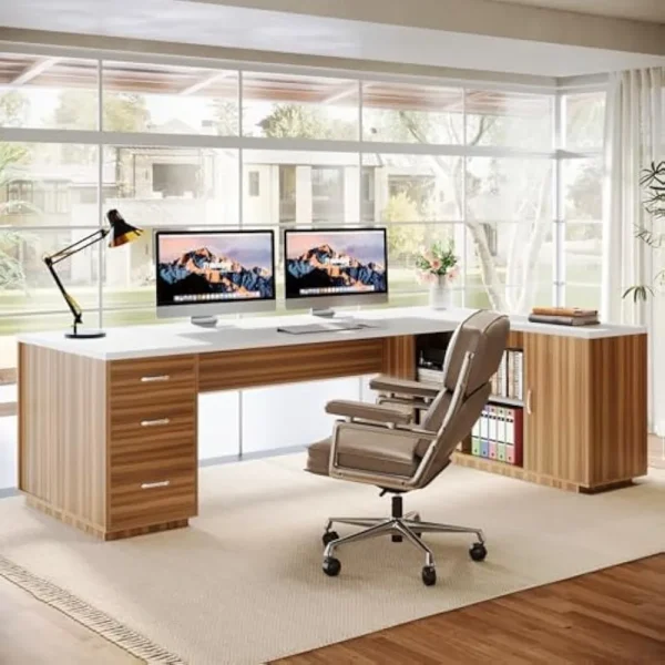 85.8" L-Shaped Executive Desk, Extra Large Office Desk with File Drawers, Modern Business Furniture, Office Desks - Image 3