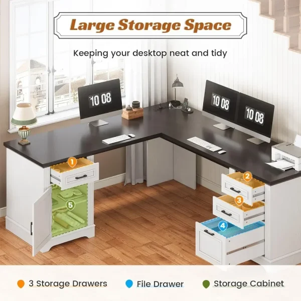 Farmhouse 69" Executive L Shaped Desk, Home Office Desk with Drawers and Storage Cabinet & Power Outlet, Corner Computer Desk - Image 6